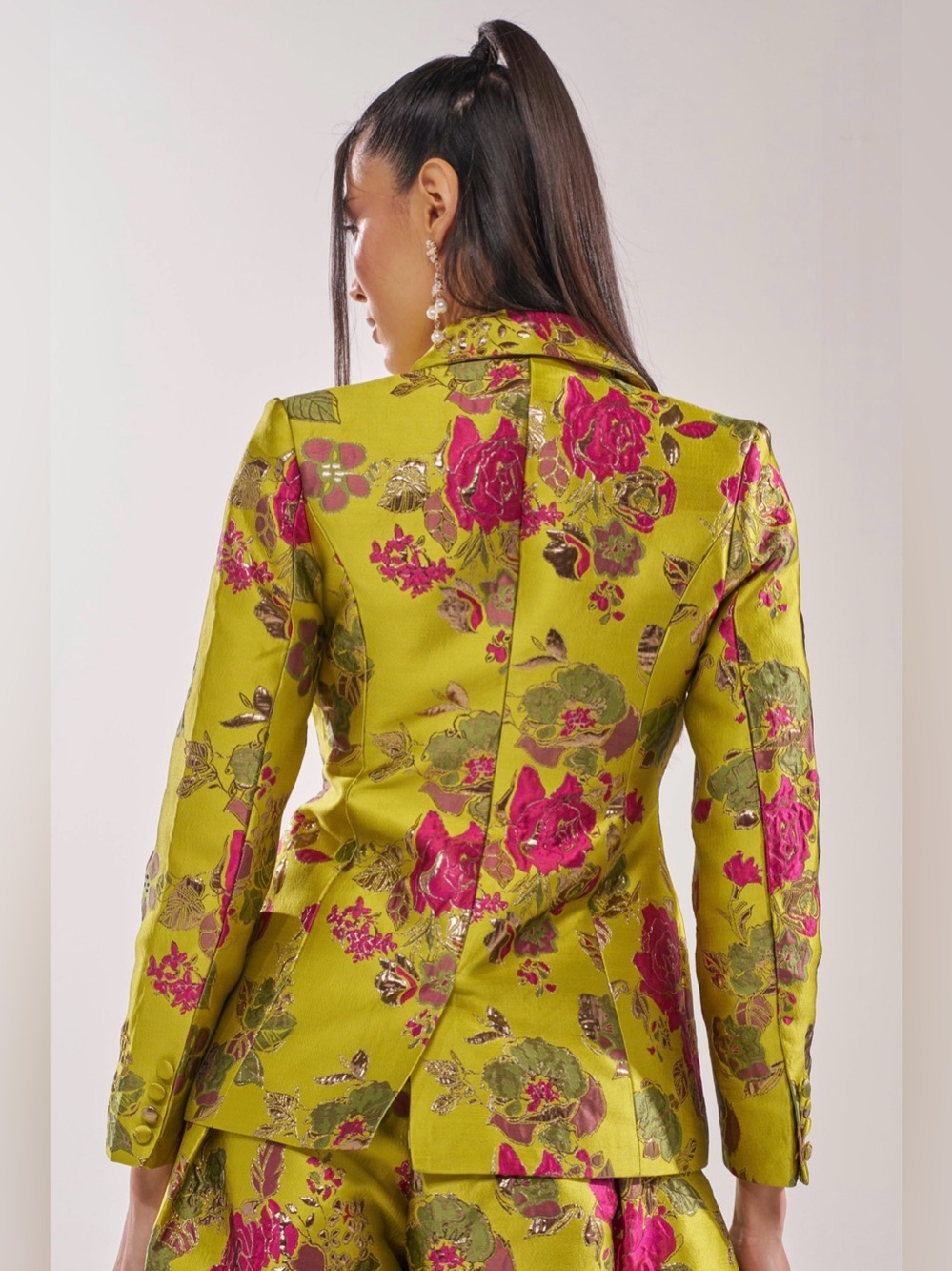 BUY MYSELF FLOWERS BROCADE BLAZER IN LIME - Picture 4 of 5